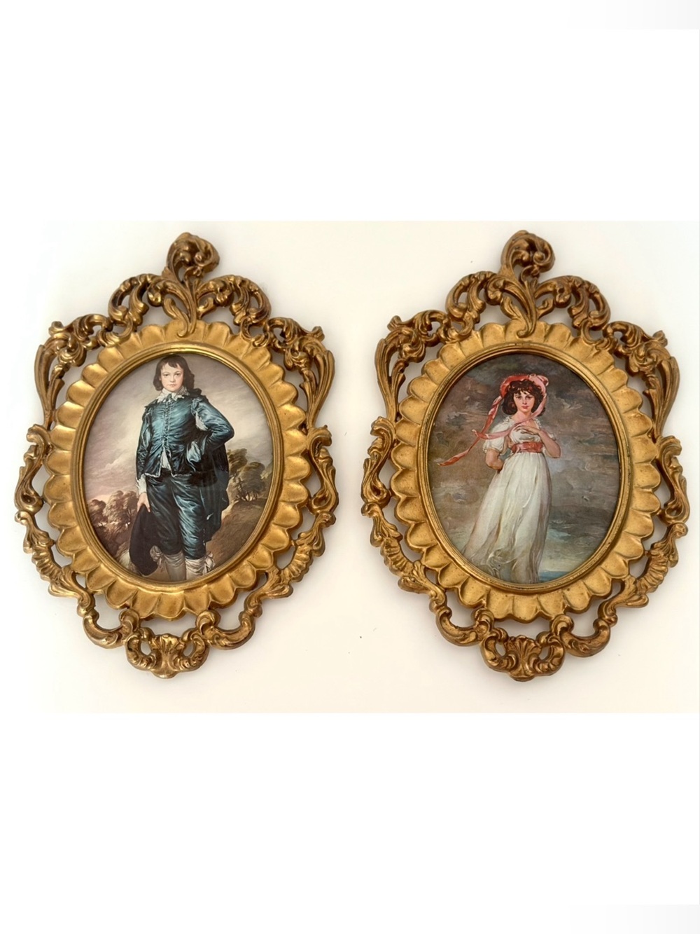 Vintage Made in Italy Boy and Girl Framed Ornate Gold Victorian Wall Art Pair